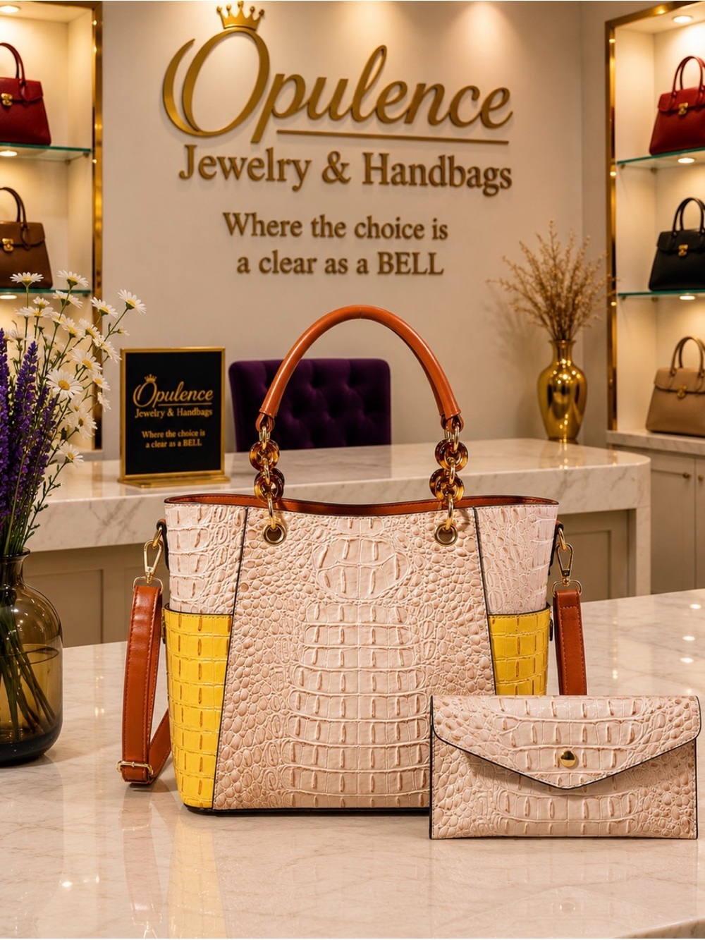 Croc-Embossed Tote with Yellow Accent and Matching Wallet